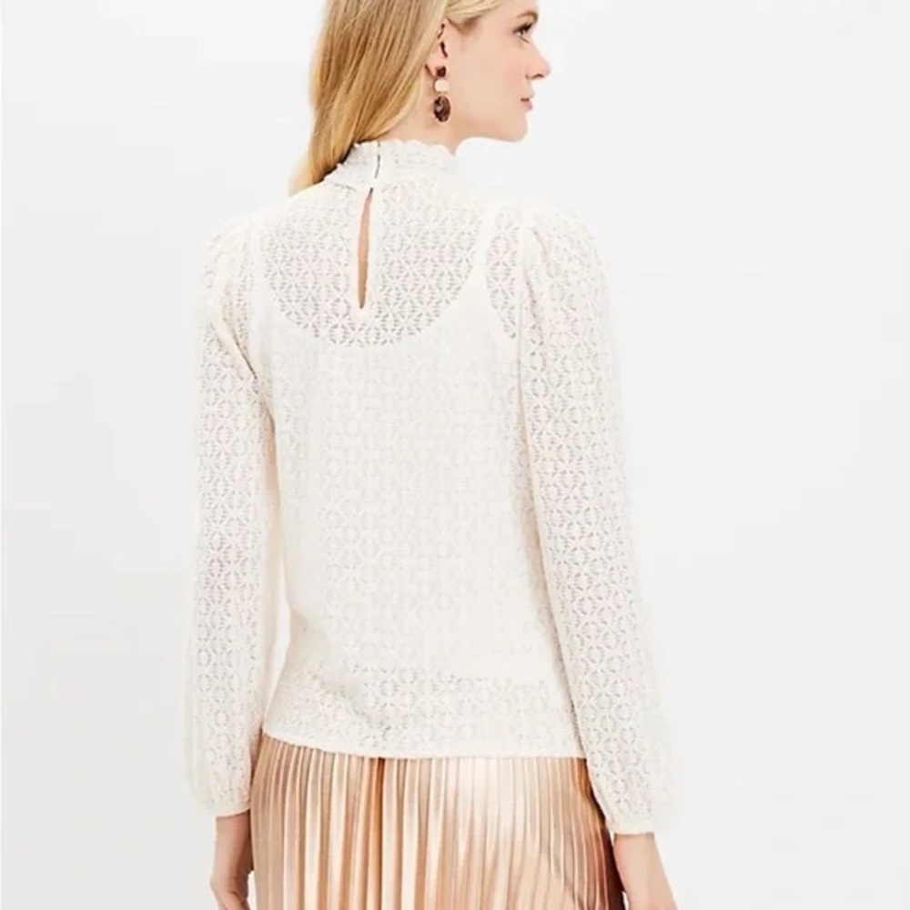 NEW LOFT Whisper White Lace Mock Neck Bishop Sleeve Blouse Top Romantic Sweet S - Picture 3 of 9
